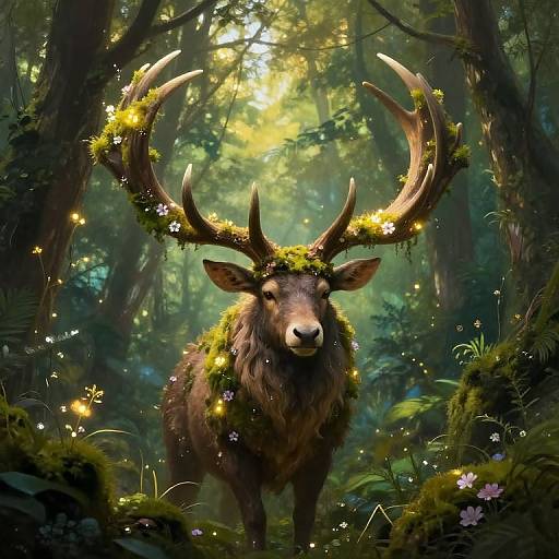 Digital art of a majestic deer with enormous, glowing, floral-adorned antlers standing in a lush, enchanted forest bathed in sunlight.