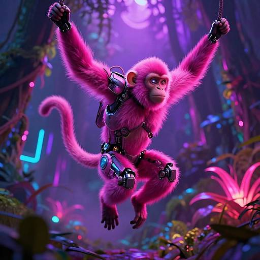Digital CGI of a pink, cybernetic monkey with glowing mechanical limbs, suspended in a vibrant, neon-lit jungle. The monkey's expression is