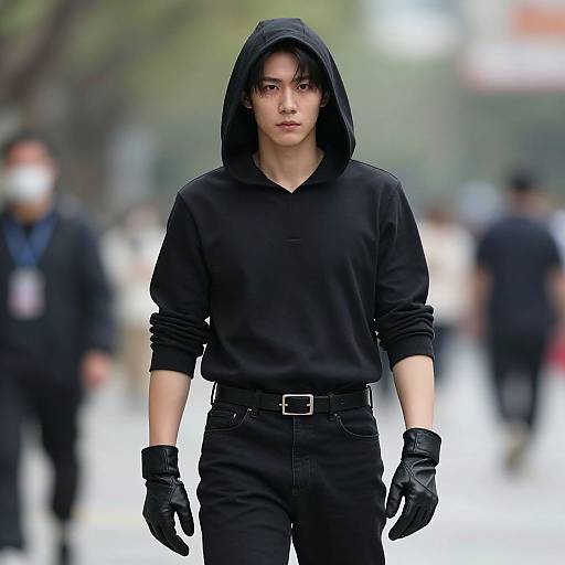 Photograph of an Asian man with straight black hair, wearing a black hoodie, black gloves, and pants, standing confidently in a blurred urban background.