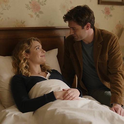 Couple in cozy bedroom conversation