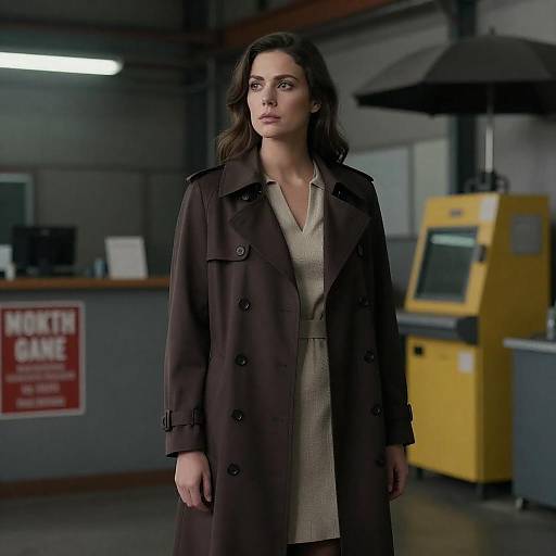 Woman in Trench Coat in Industrial Warehouse