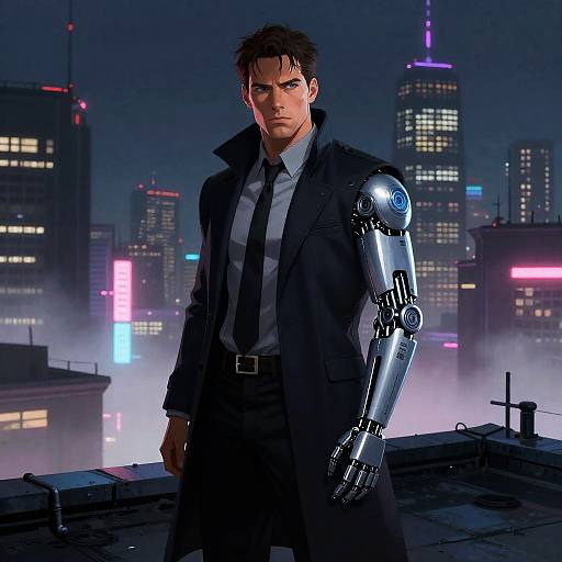 Cinematic Cybernetic Detective on Neon Rooftop