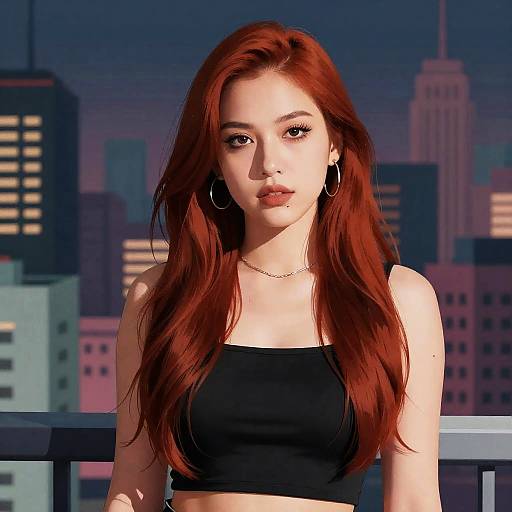 Digital artwork of a red-haired woman with long hair, wearing a black crop top and hoop earrings, against a cityscape at night.