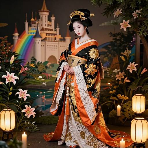 Photograph of an elegant Asian woman in an ornate black and orange kimono with gold floral patterns, standing in a lit garden with lanterns,