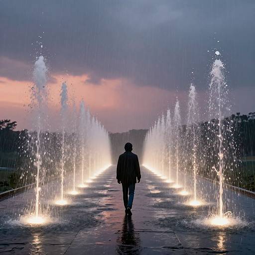 Photograph of a silhouette of a person walking down a wet, illuminated pathway flanked by tall, spraying fountains at sunset.