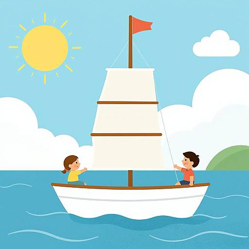 Colorful cartoon of two children sailing a white sailboat with a red flag, under a bright yellow sun and blue sky.