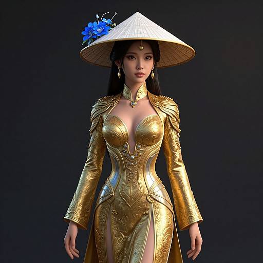 Digital artwork of an Asian woman in a gold, form-fitting, ornate dress with a conical hat adorned with blue flowers, standing against a