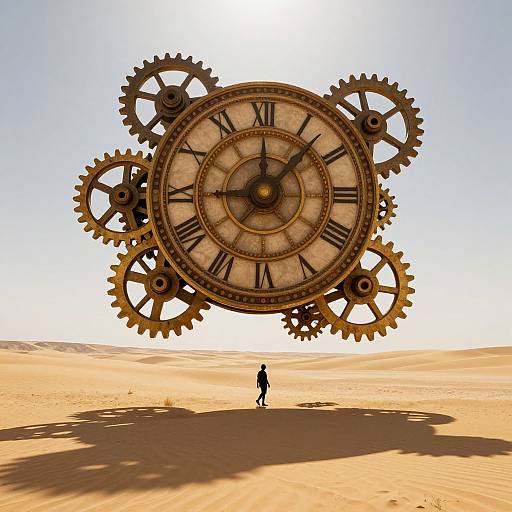 Photograph of a giant, vintage-style clock with large gears floating in a desert, casting a shadow on the sandy ground, with a small, solitary