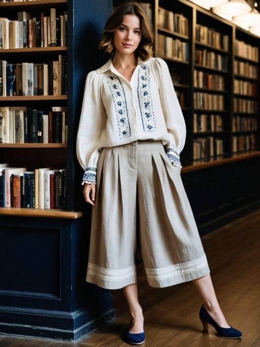 Woman in Casual Linen Blouse and Culottes in Bookstore