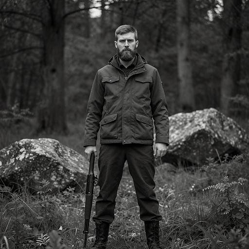 Bearded Man Holding Rifle in Forest
