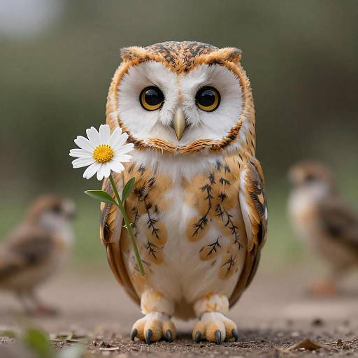 Realistic Owl Holding Daisy Flower