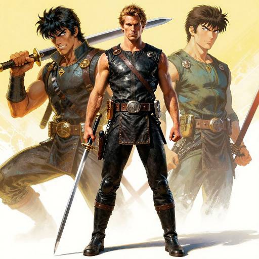 Digital anime-style artwork of three muscular men in tactical gear, holding swords; central figure in black, flanked by green-clad figures.