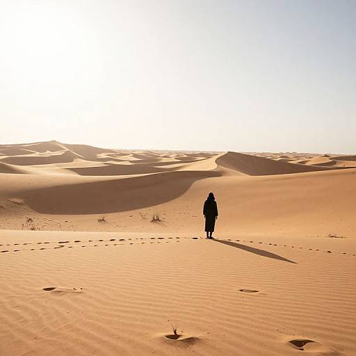 Silhouetted figure walking in vast, sunlit desert sand dunes with footprints, creating shadows on the rippled, golden-orange sand.