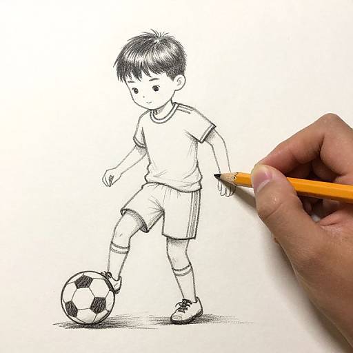 Black-and-white pencil drawing of a young boy kicking a soccer ball, with a hand holding an orange pencil in the foreground.