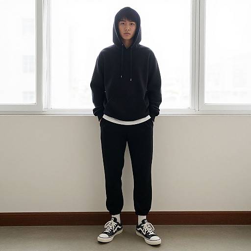 Photograph of a young Asian man in black hoodie, black pants, and black-and-white sneakers, standing in front of bright window.