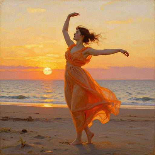 Photograph of a woman in an orange, flowing dress, dancing on a beach at sunset, arms raised, with the sun reflecting on the water.