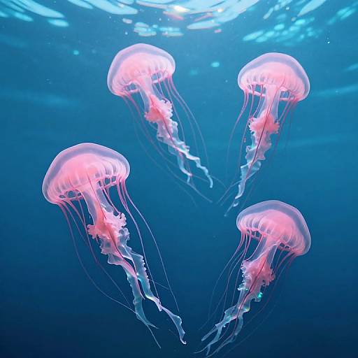 Photograph of four glowing pink jellyfish with translucent bodies and flowing tentacles, floating gracefully in a deep blue underwater scene.