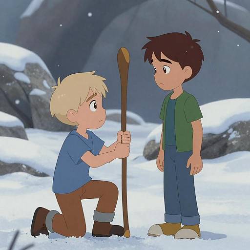 Boys in a Snowy Rocky Landscape