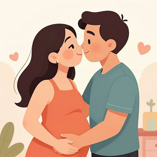 Digital illustration of a pregnant couple, both smiling, nose-to-nose, in orange and blue shirts, with pink hearts and a plant background.
