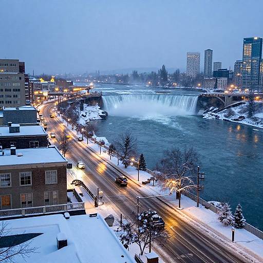 Photograph of a snowy urban landscape featuring a illuminated waterfall in a river, surrounded by lit streets and buildings at twilight.