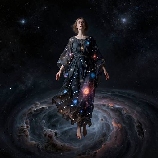 Photograph of a woman with long brown hair, wearing a black, semi-transparent dress adorned with glowing multicolored lights, floating above a swirling cosmic