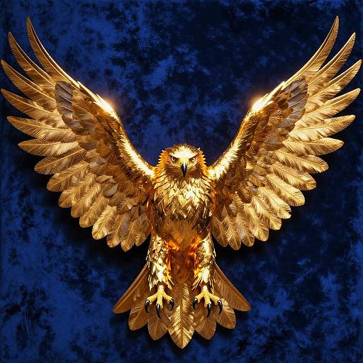 Glowing golden eagle with outstretched wings against a dark blue, textured background. Digital art with radiant light effects.