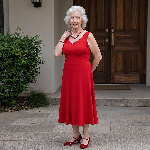 Photograph of an elderly white woman with short white hair, wearing a red sleeveless dress, red shoes, and necklace, standing in front of a