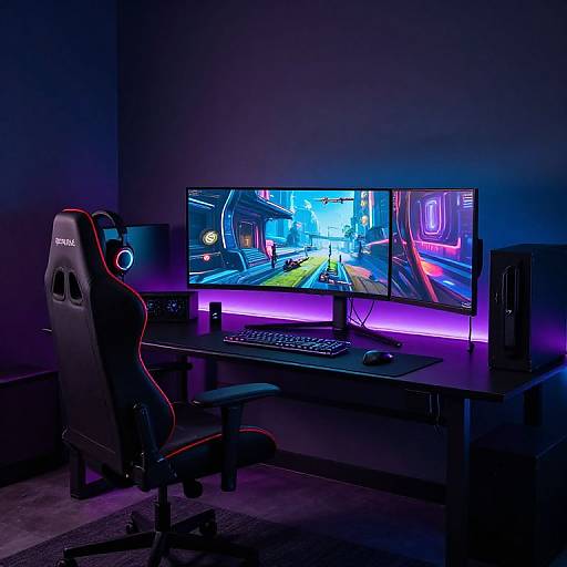 Glowing cyber-gaming setup: dual-monitor PC, neon purple backlight, Razer chair, black desk, keyboard, mouse, speakers, dim
