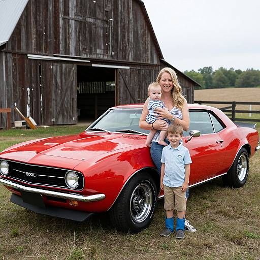 Photograph: Blonde woman in striped top, jeans, holding baby, standing beside young boy, in front of a shiny red classic muscle car, with