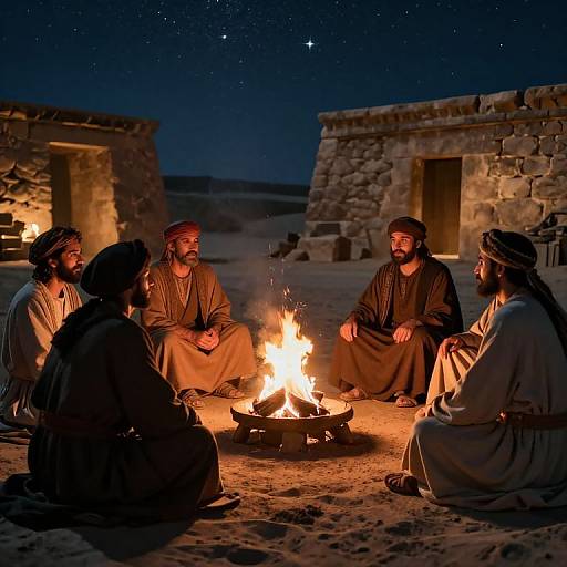 Photograph of six bearded men in traditional Middle Eastern robes, sitting around a glowing campfire under a starry night sky, surrounded by stone buildings