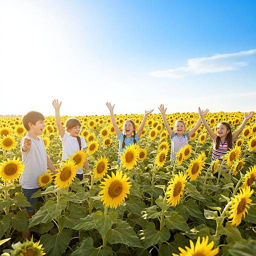 Photograph of four children with raised arms, smiling in a vast sunflower field under a bright blue sky. Vibrant yellow sunflowers dominate the foreground