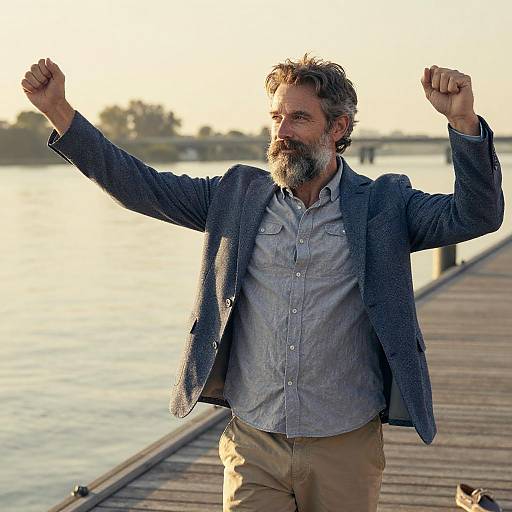 Photograph of a bearded middle-aged man with gray hair, blue jacket, light blue shirt, and beige pants, raising fists triumphantly on a