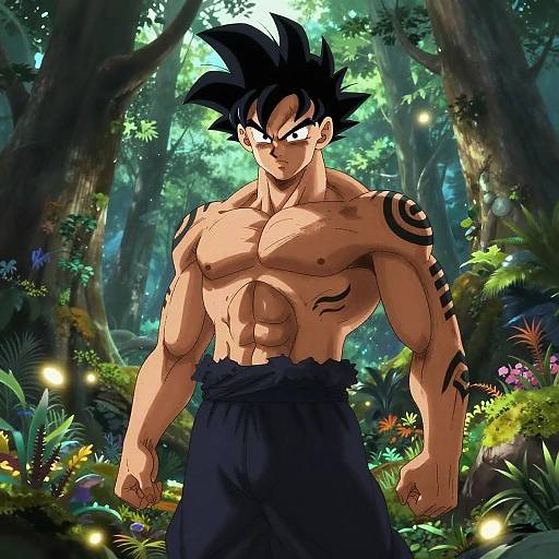 Muscular Anime Warrior in Mystical Forest