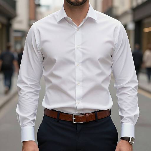 Photograph of a bearded man in a crisp white dress shirt, black pants, brown belt, and watch, standing on a city street.