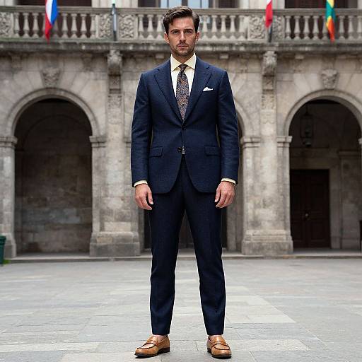 Photograph of a handsome, brown-haired man in a dark navy suit, white shirt, patterned tie, and brown loafers, standing in front
