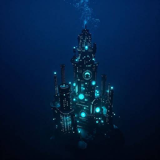 Glowing blue futuristic castle with illuminated lights and smoke, set against a dark blue background, resembling a sci-fi digital artwork.