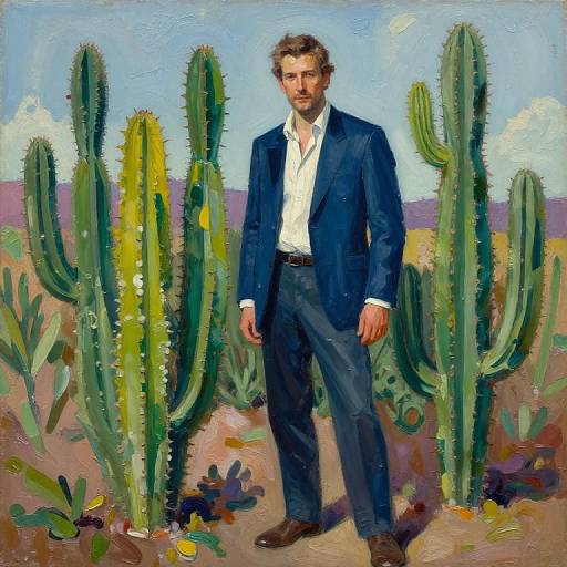 Painting of a bearded man in a navy suit and white shirt standing among tall, green cacti under a blue sky.