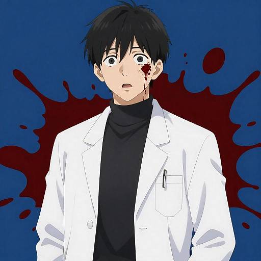 Shocked Anime Scientist with Blood Splatters