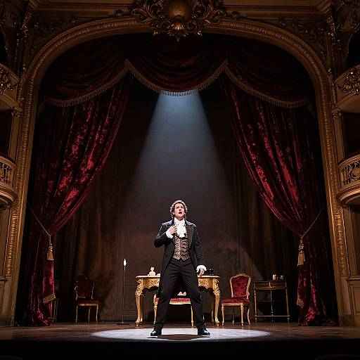 Photograph of a man in a black suit and white shirt singing into a microphone on an ornate, dimly lit stage with red velvet curtains and