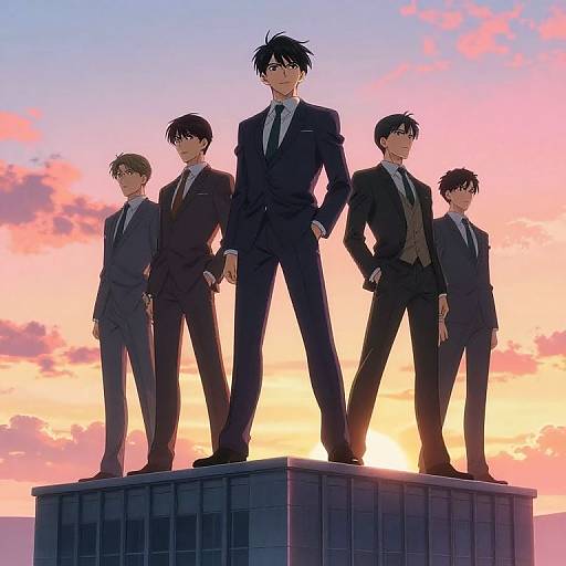 Anime-style digital illustration of five tall, handsome men in black suits standing on a rooftop at sunset, with a pink and orange sky background. Central figure