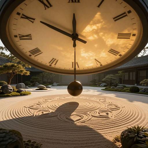 Photograph of a large clock face with Roman numerals, casting a shadow on a meticulously raked Japanese sand garden at sunset.