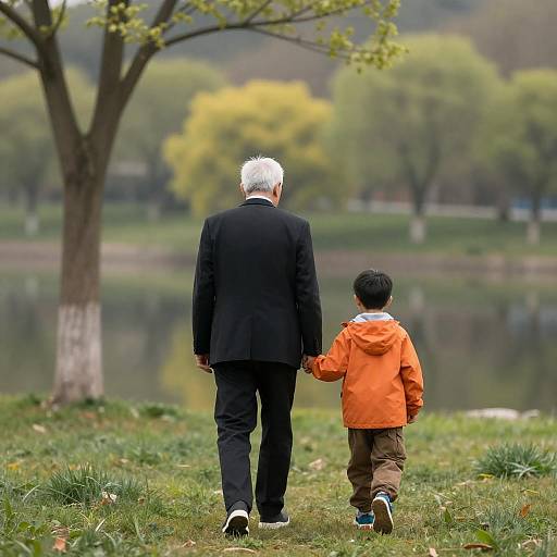 Elderly Man and Boy Walking by Lake
