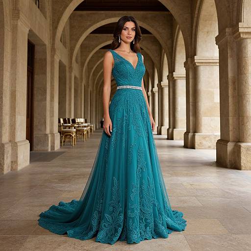 Photograph of a brunette woman in a turquoise, lace-embroidered, V-neck ball gown with a silver belt, standing in a sunlit