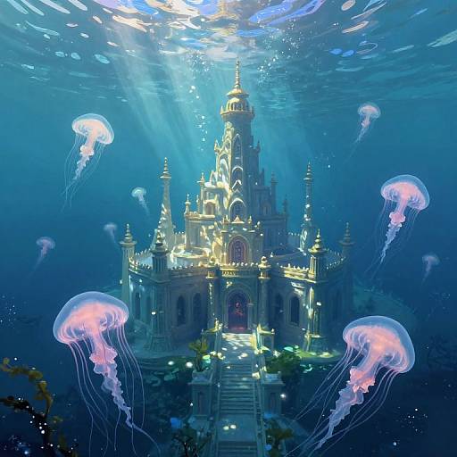 Digital art: Illuminated underwater castle with glowing blue light, surrounded by ethereal pink jellyfish, surrounded by deep blue ocean.