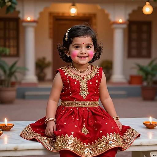 Photograph of a young Indian girl with dark hair, wearing a red and gold embroidered dress, sitting on a marble slab with lit diyas, in