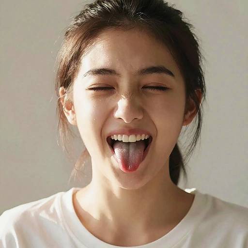 Photograph of a young woman with light brown skin and dark brown hair in a ponytail, eyes closed, smiling widely, tongue out, wearing a