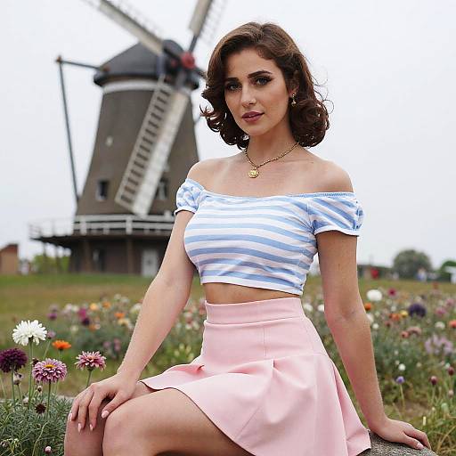 Photograph of a smiling brunette woman in a white-off shoulder striped top and pink skirt, seated in a colorful flower field, with a traditional Dutch wind