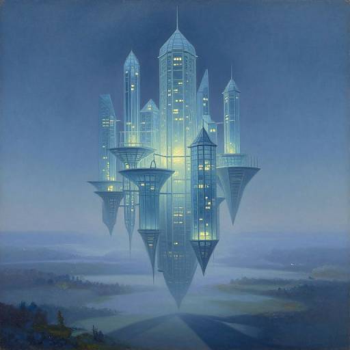 Digital art: Futuristic floating city with blue-lit skyscrapers, hovering above a misty landscape at night, illuminated by soft, ethereal