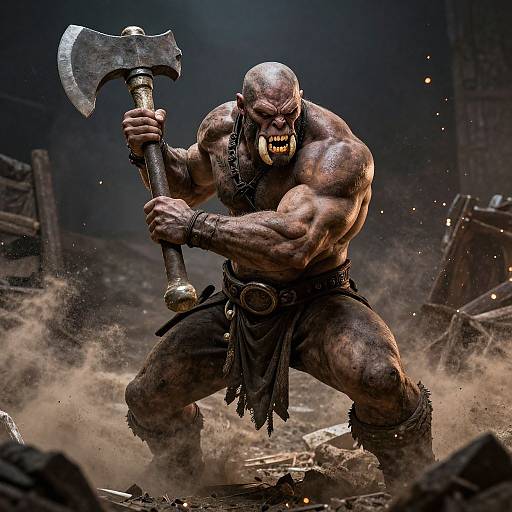 Muscular, bald, angry orc warrior with large axe, dark loincloth, and chains, crouches amid dust and debris in a dark