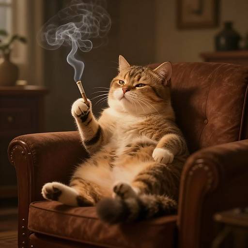 Photograph of a chubby, orange and white tabby cat lounging on a brown leather armchair, smoking a cigarette with swirling blue smoke. Warm